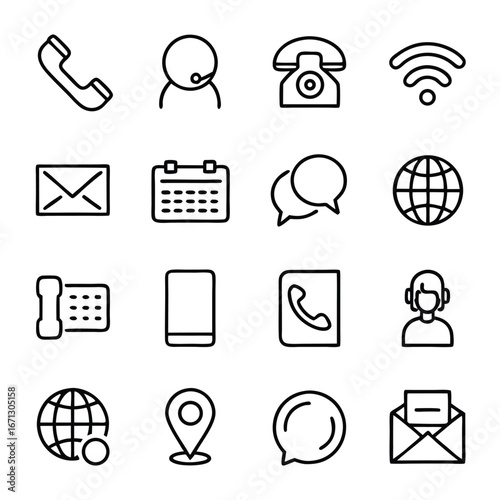 Contact icons depict telephones, headset, calendar, location, wifi, letter, and other communication elements