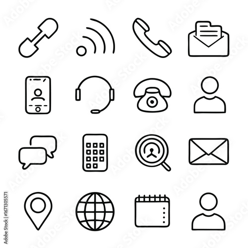 Black line icon of link, wireless, phone, envelope, and human, shows web connection