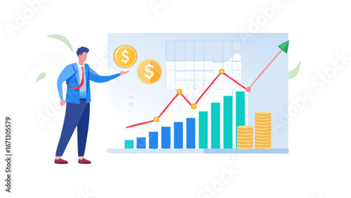 Financial growth chart with businessman and coins showing business investment success and profit increase