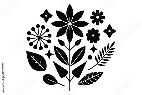 Black Floral Pattern Flower, Star, Leaves, and Branch Illustration on White Background