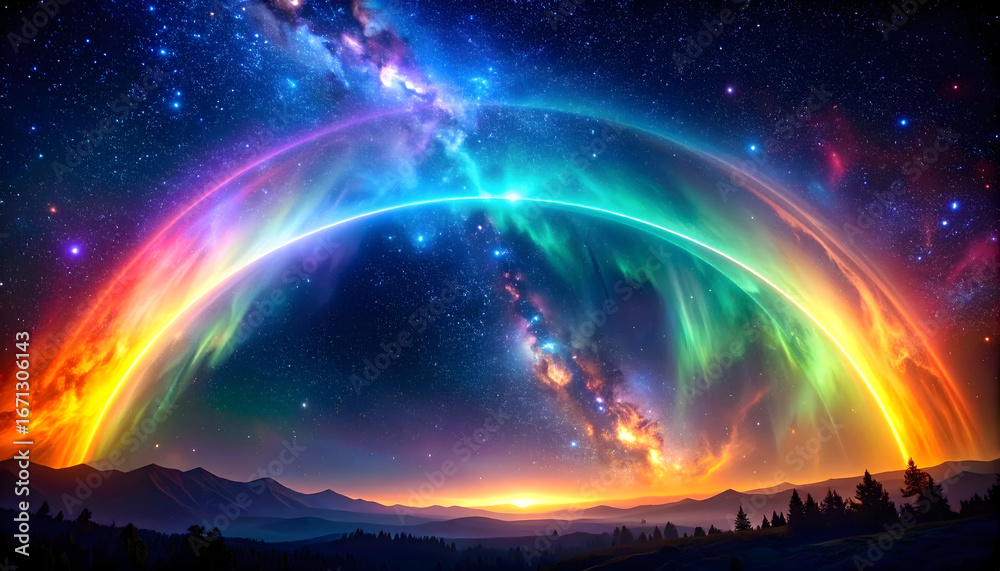 Fototapeta premium Vibrant Rainbow Aurora Over Milky Way Galaxy at Sunset