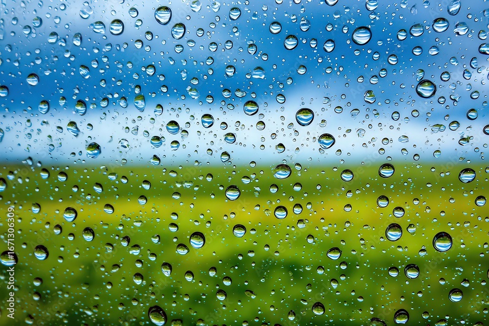 Obraz premium Close Up View Of Rain Drops On Glass Windowpane Over Blurred Landscape