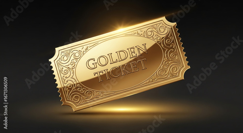 Shiny golden ticket with embossed GOLDEN TICKET text ornate swirling patterns and a serrated edge.