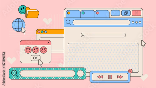 Retro ui interface set with browser windows, popup dialog and media controls for web design. Globe icon with cursor, folder element and smiling emoticons with playback buttons on pink background.