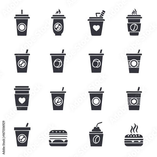 Black icon collection shows various food items like coffee and burger designs