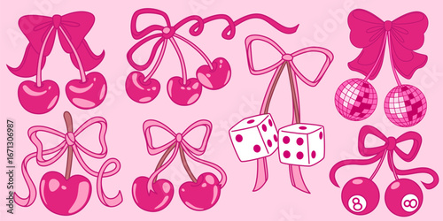 Decorative cherry elements with y2k coquette ribbons and bows for girly aesthetic designs. Glossy fruit pairs, disco balls with dice and billiard spheres tied by knots for nostalgic fashion graphics