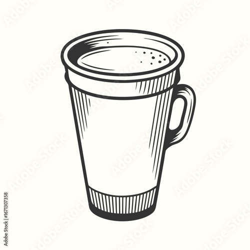 Detailed sketch of a ceramic mug brimming with liquid and slight foam stands alone