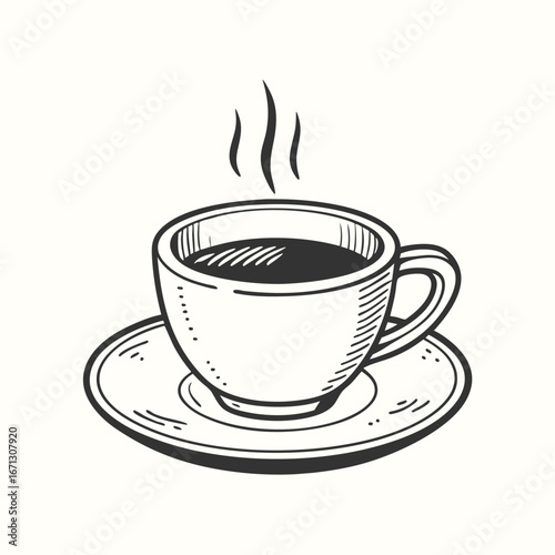 Black and white sketch shows steam rising from freshly brewed hot coffee