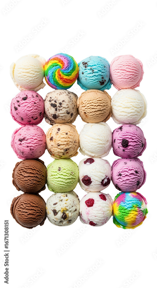 Fototapeta premium Assorted ice cream scoops collection, variety of colorful gelato flavors set, 20 gourmet frozen dessert balls isolated on white background