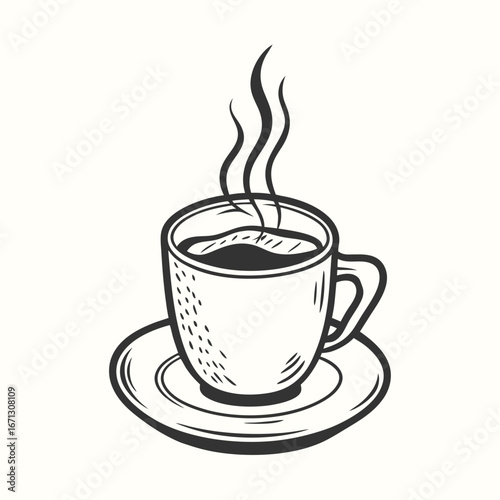 A monochrome cup of hot coffee on a saucer emits swirling steam