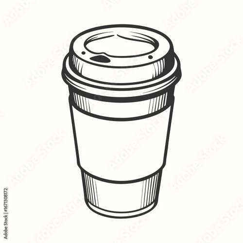 Monochrome sketch displays a disposable coffee cup with lid and sleeve details