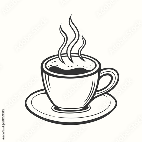 Hot steaming drink is served in a simple cup placed on saucer