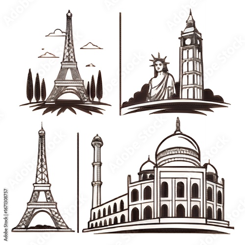 Collection of famous world landmarks sketched in black and white ink
