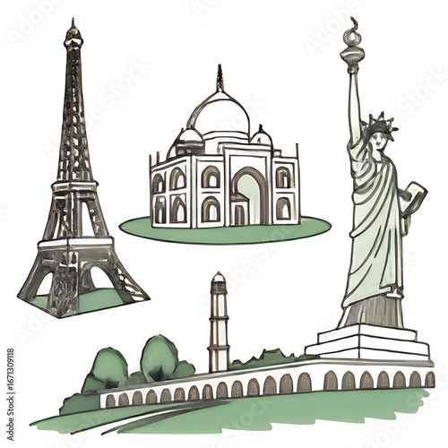 Collection of famous world landmarks hand drawn sketch style
