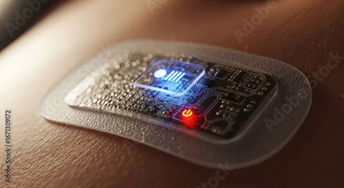 Close-up of a futuristic wearable biosensor patch with glowing blue and red indicator lights attached to skin.
