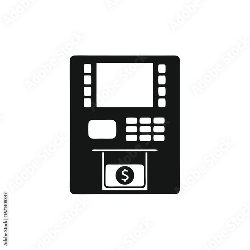 A black and white automated teller machine dispenses cash, offering financial access