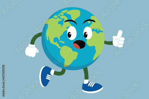 Cartoon Earth Character Running with Thumbs Up on Light Blue Background