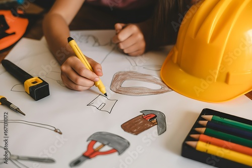 Creative young designer sketching construction tools with vibrant markers and an inspiring yellow hardhat