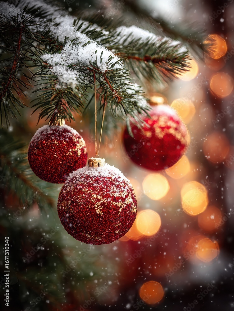 Obraz premium closeup of snowdusted pine branches with three red christmas baubles hanging warm glowing red and golden bokeh background evoking festive holiday cheer