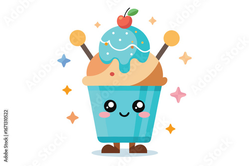 Cartoon Ice Cream Sundae with Cute Face, Cherry Topping, Lollipops and Stars