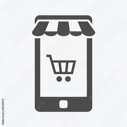 A smartphone displays a shopping cart icon and an awning for mobile commerce