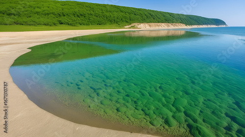 Bottom sandy landscape in the Black Sea, blue-green and green algae grow on the sand