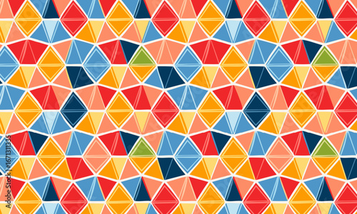 Colorful Kaleidoscopic Seamless Pattern with Geometric Stained Glass Shapes