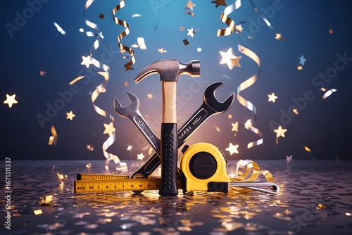 Celebrate home improvement projects with this fun array of tools and festive confetti background