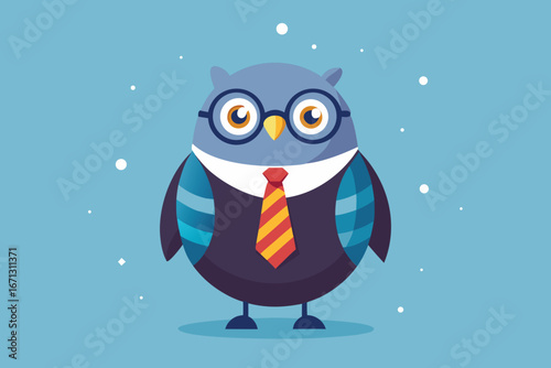 Cartoon Owl Wearing Glasses and a Tie Standing on a Light Blue Background with Snow