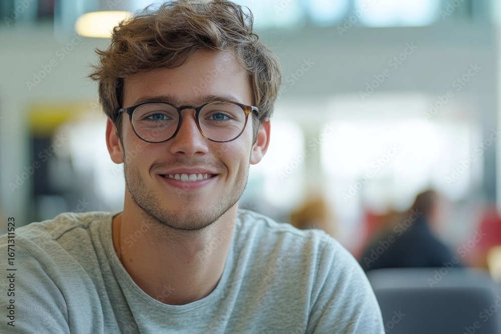 Fototapeta premium Relaxed young man with glasses smiling confidently in a modern office setting, exuding professionalism and comfort in his work environment, Generative AI