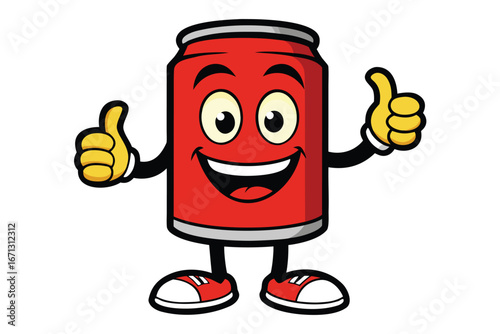 Cartoon Red Soda Can Mascot Character Giving Thumbs Up with Smiling Face and Sneakers
