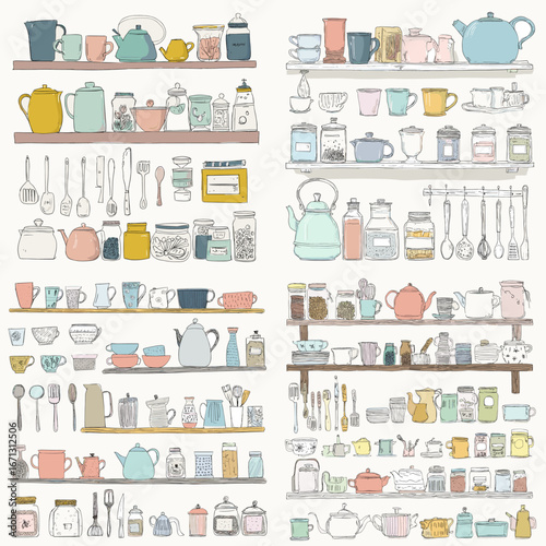 Hand-drawn kitchen shelf illustration with teapots, cups, plates, jars, and utensils in pastel colors, perfect for food blogs, culinary design, and cozy home projects.