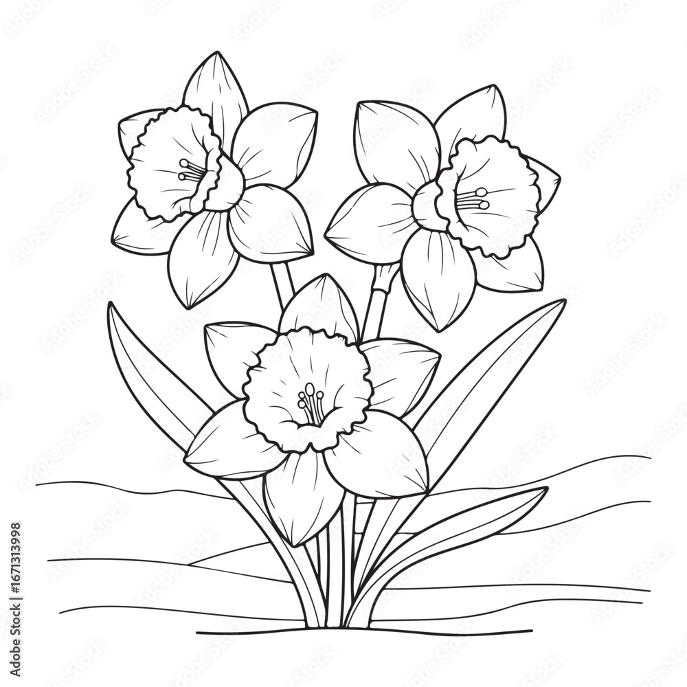 Obraz premium Three daffodils in a field outline drawing for coloring