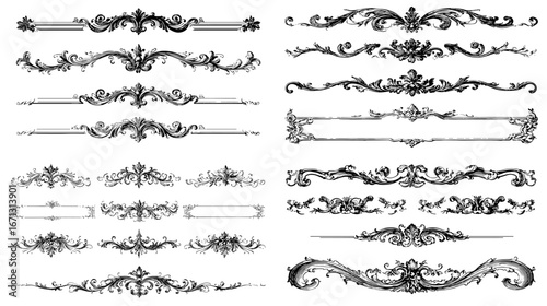 Collection of vintage ornamental borders and flourishes in elegant black and white, ideal for certificates, wedding invitations, retro decorations, and frames.
