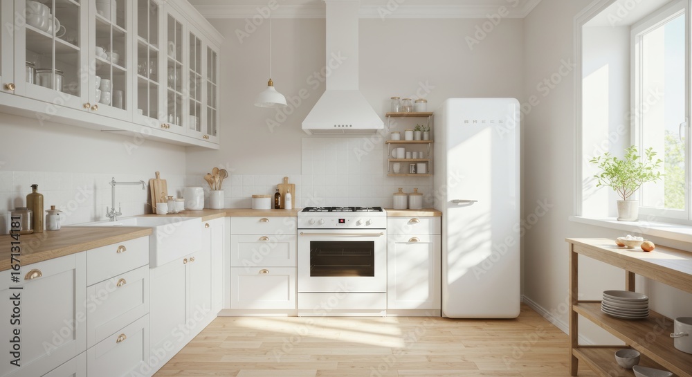 Fototapeta premium A bright, minimalist all-white kitchen with natural light.