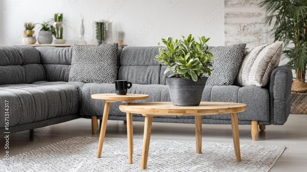 Obraz premium two wooden coffee tables with plant in pot in front of grey corner sofa in fashionable living room interior no logos no brands ar 169