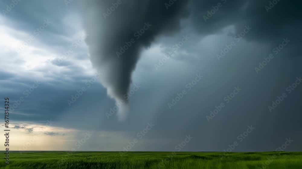 Majestic Tornado Twists Through Lush Green Field Under Dramatic Stormy Skies Majestic Tornado Twists Through Lush Green Field Under Dramatic Stormy Skies