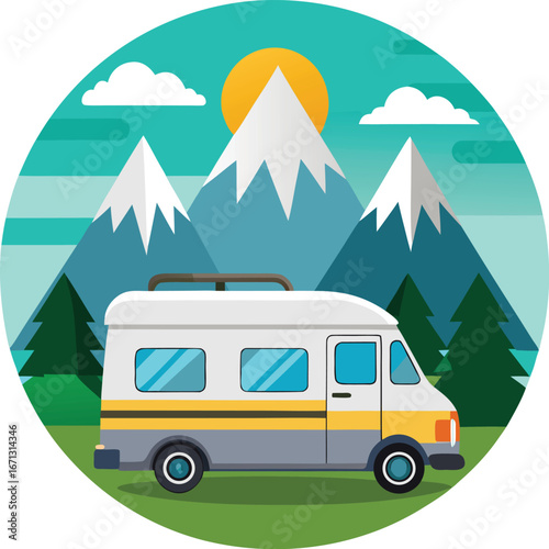 Vector of RV Camper Van with Mountain View