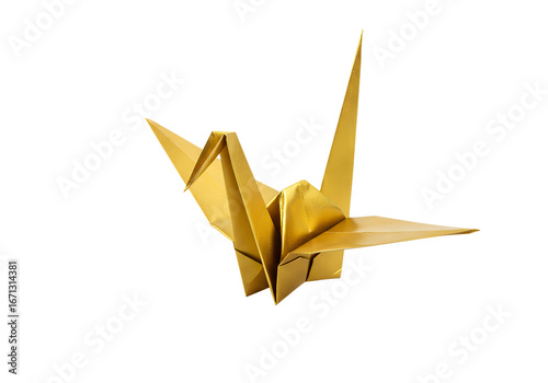 gold origami crane on white background symbolizing peace and craftsmanship