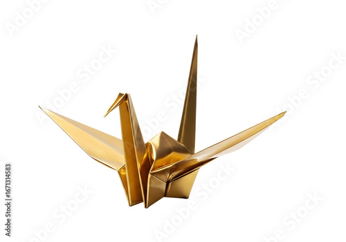 gold origami crane isolated on white 