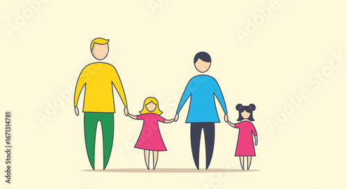 Cartoon Family Illustration: Two Parents Holding Hands with Two Daughters