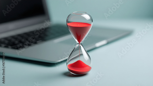 Hourglass with Red Sand on Laptop – Time Concept Still Life
