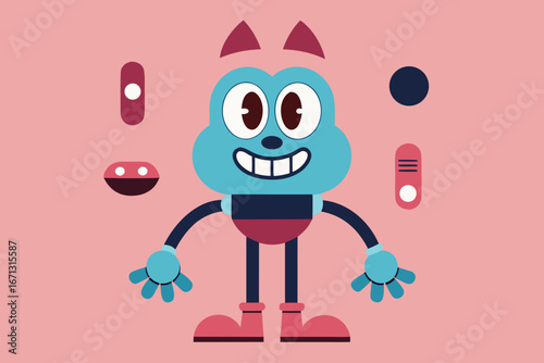 Cheerful Cartoon Character with Separated Limbs and Features on a Pale Pink Background Illustration