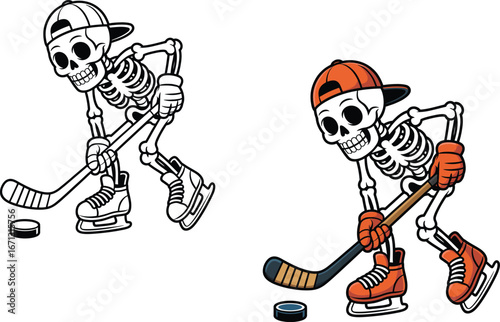 Skeleton playing hockey with puck and stick isolated on white background