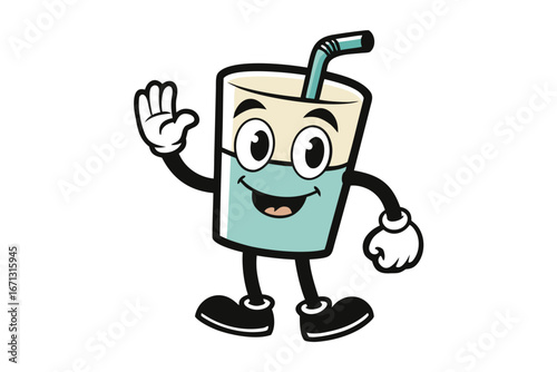 Cheerful Cartoon Cup with Straw Waving Hello Fun Mascot Illustration