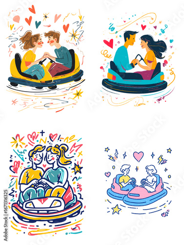 Playful cartoon illustration of couples riding bumper cars at an amusement park, drawn in colorful, sketch-style art for fun, romance, and entertainment themes.