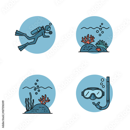 Diving icons diver, coral, bubbles, snorkeling gear, set in light blue circles