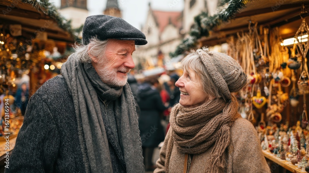 Fototapeta premium shopping winter holidays and people concept happy senior couple at christmas market souvenir shop on town hall square in tallinn estonia no logos no brands ar 169