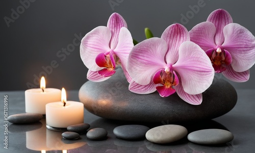 Find inner peace with this stunning spa scene, featuring pink orchids, smooth stones, and glowing candles