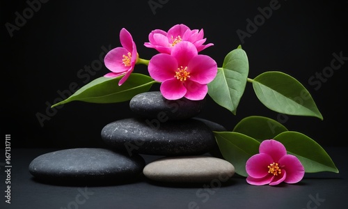 Find your inner peace with this serene arrangement of pink flowers and balanced stones
